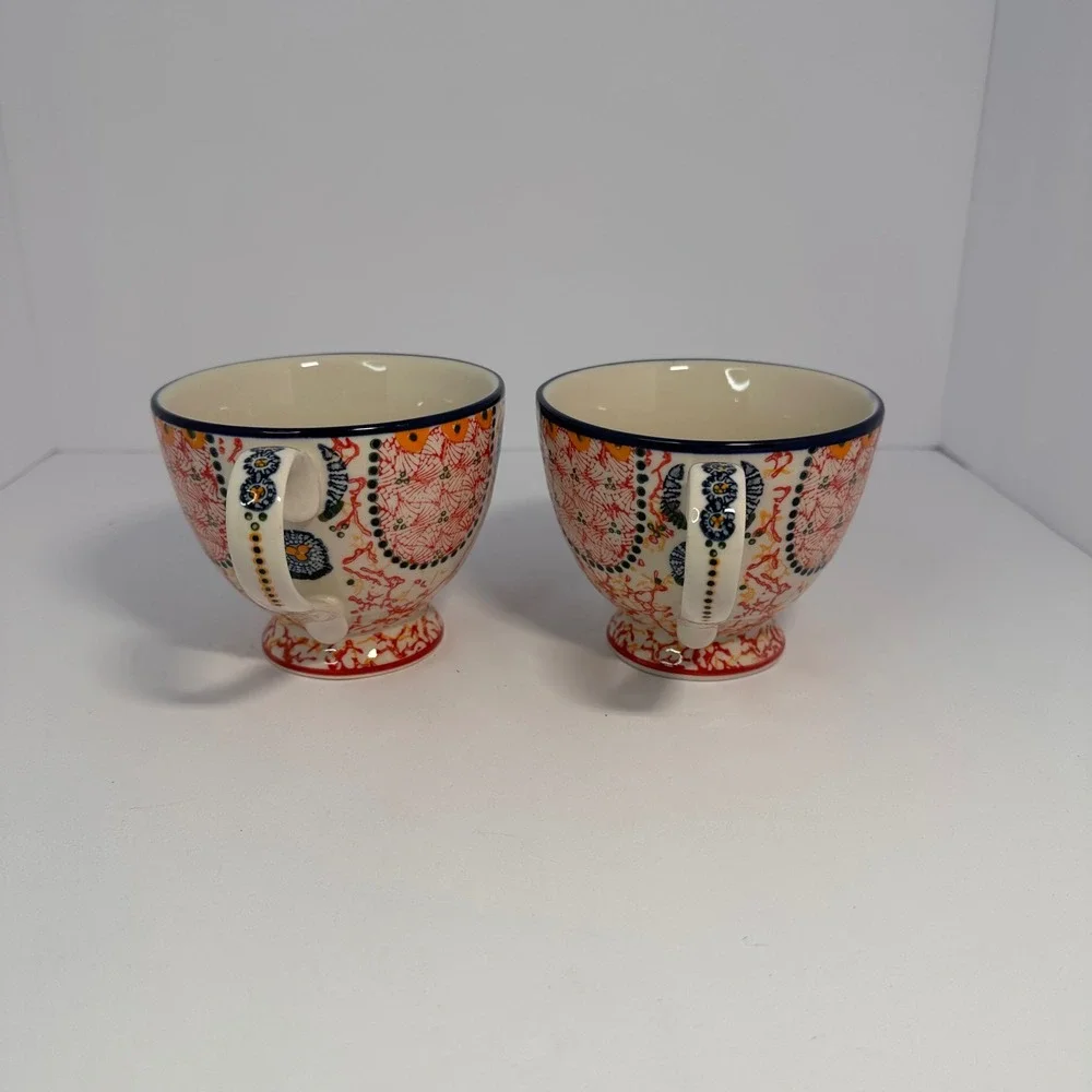 Anthropologie Bird Logo Footed‎ Mugs Set of 2 Multicolor Folk Art Ceramic Cups - Picture 3 of 6